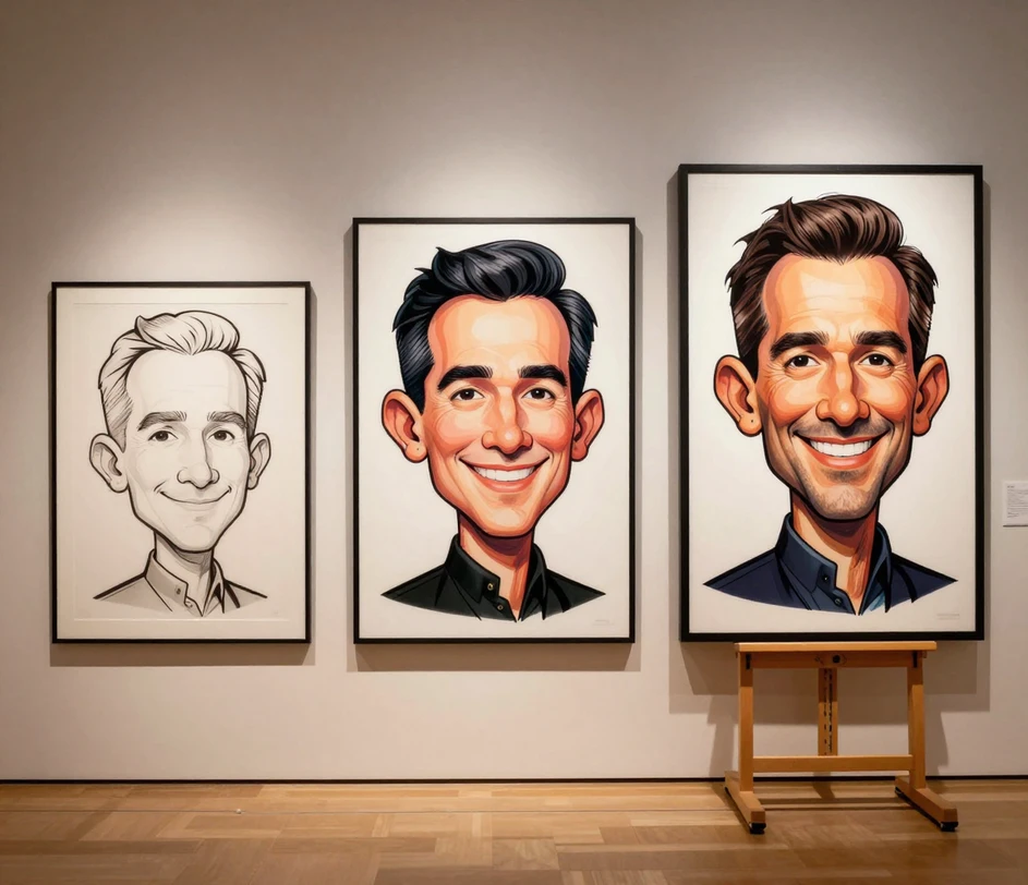 Trois tirages encadrés de la même caricature présentés à des niveaux de qualité croissants dans une galerie élégante — montant en taille et en hauteur d'affichage, du trait plus doux à un trait net et précis, des dégradés cel-shaded plus riches et un détail lumineux digne d'un musée
