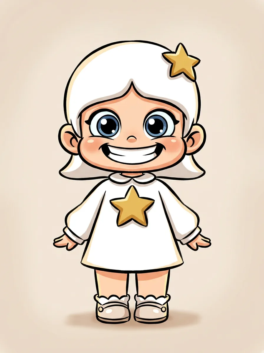 Caricature de niveau Master de la même fille chibi, avec le trait le plus fin et fluide, des dégradés de peau à l'aérographe et un fond crème chaleureux de galerie.