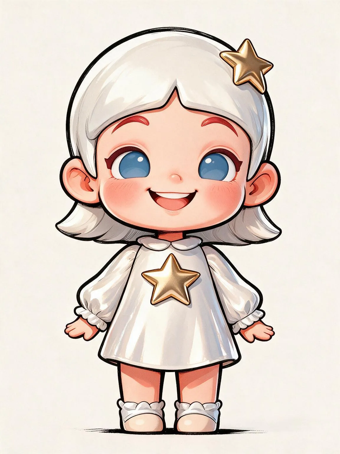 Caricature de niveau Pro de la même fille chibi, améliorée avec des contours à l'encre audacieux et nets, un ombrage en dégradé dimensionnel et des accents d'étoiles dorées métalliques.