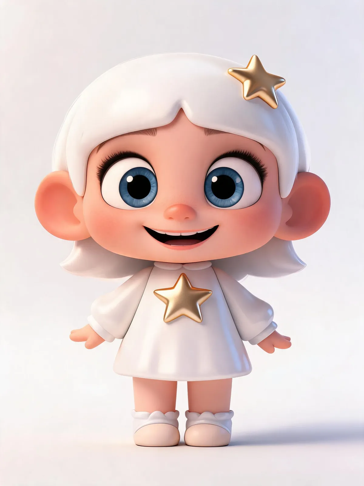 Caricature de niveau Standard d'une fille chibi avec une barrette en étoile dorée, rendue dans un style jouet 3D doux avec un éclairage de studio brillant et un fond blanc uni.