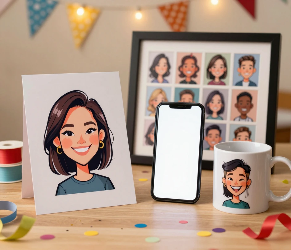 Une nature morte festive sur une table à cadeaux réunissant quatre usages de la caricature — une carte d'invitation caricaturée, un téléphone dressé avec une caricature à l'écran sans texte, une rangée de portraits d'équipe assortis, et une tasse imprimée — le tout unifié par des confettis et des guirlandes lumineuses chaleureuses en bokeh