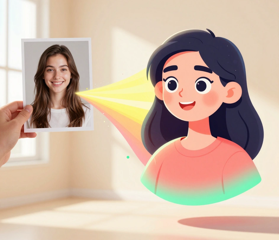 Selfie proměňující se ve výrazný cartoon avatar s čistými obrysy a živými barvami, fotka a její cartoon verze vedle sebe se zachovaným výrazem obličeje