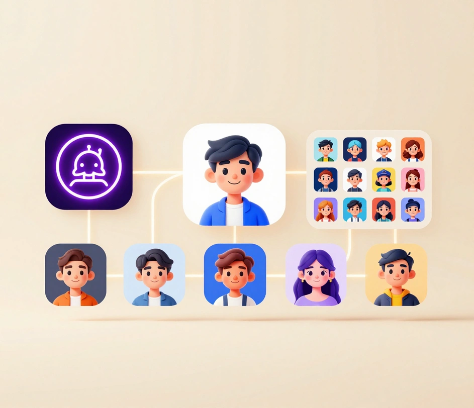 Mřížka stylů avatarů vygenerovaných ze stejného portrétu — cartoon, anime, gaming a pixel art — s konzistentním rozpoznáním obličeje napříč styly
