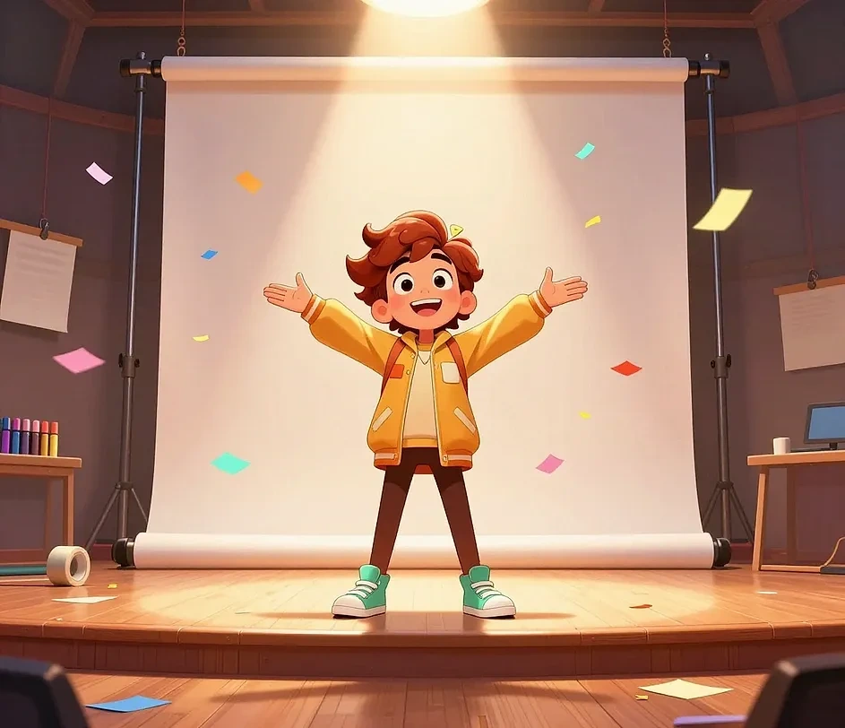 A framed bold-outline cartoon character hanging on a colorful studio wall above a desk with sticker sheets and marker pens