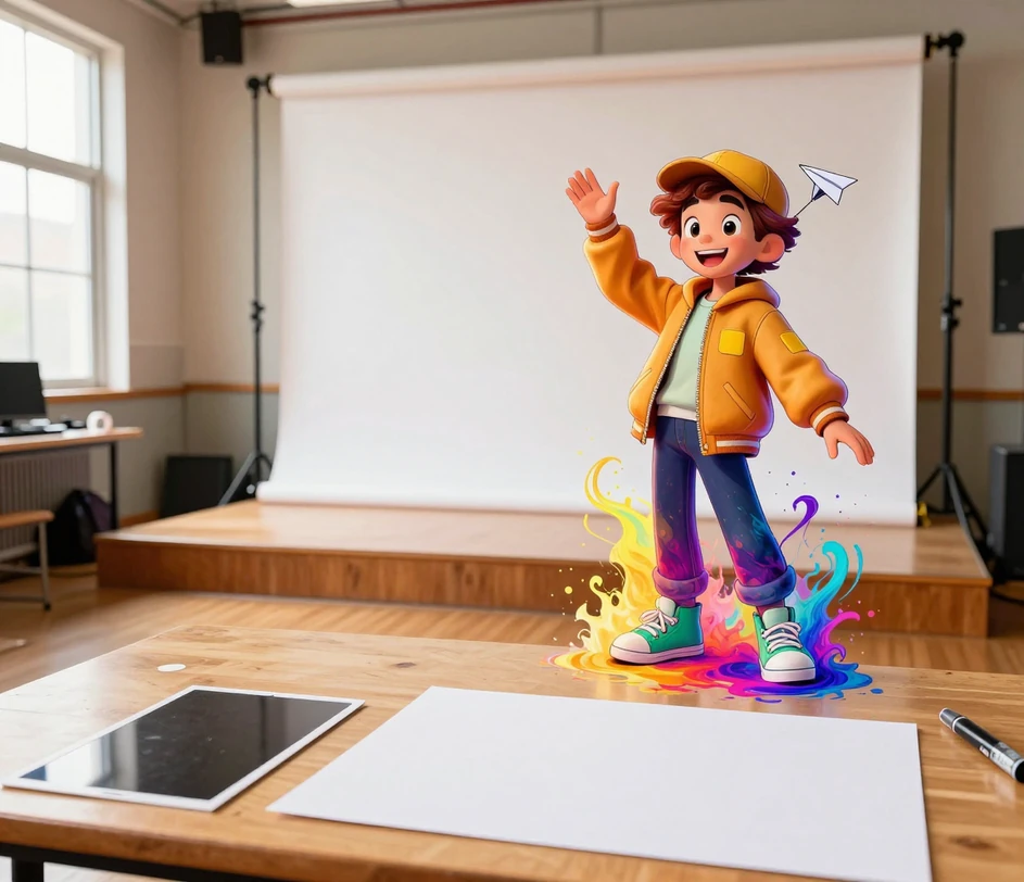 A hand holding a selfie card above a tablet as a bold-outline cartoon character emerges from colorful ink swirls