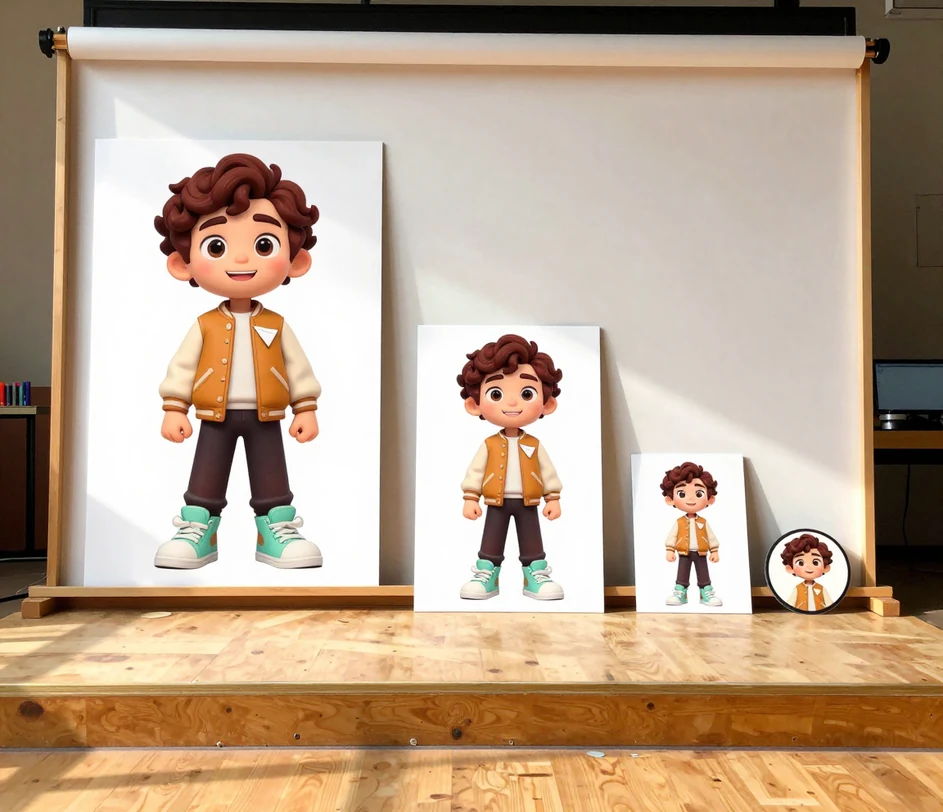 The same cartoon character shown as a large framed print, a medium card, a small token and a tiny round profile medallion on a bright desk
