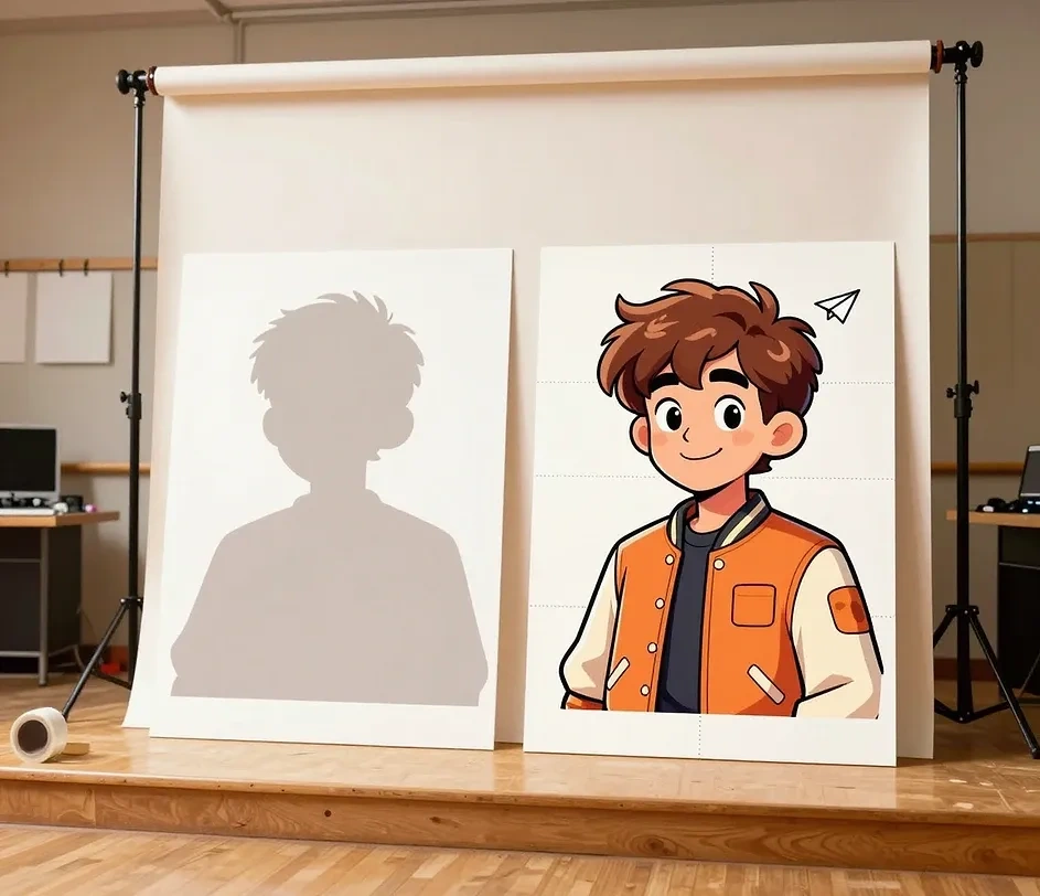 A mirror-style comparison of a selfie and its cartoon twin on a tablet, with matching hairstyle and expression rendered in bold outline style