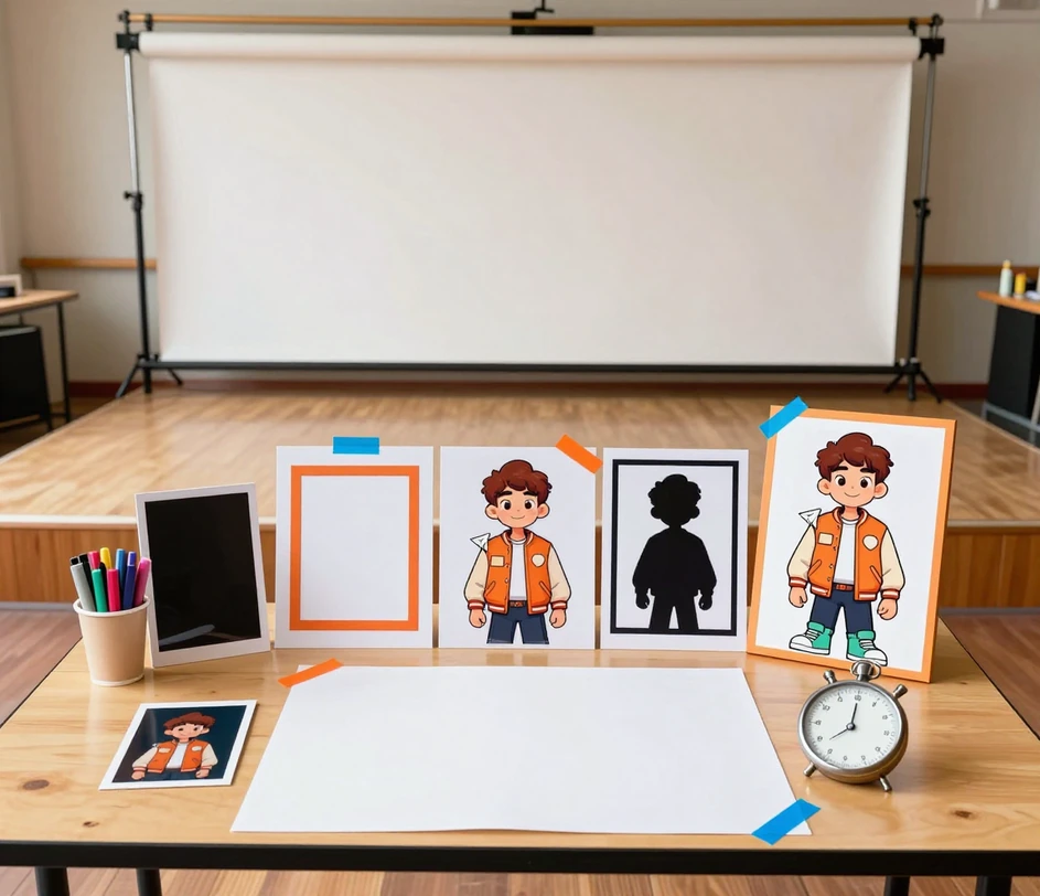 A bright cartoon studio desk with a hand sketching a character, a stack of swatch cards, three framed studies and a phone showing a profile picture