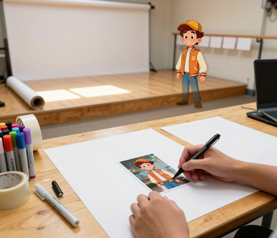 A hand placing a selfie card on a tablet beside a notebook with a handwritten character description in bright window light