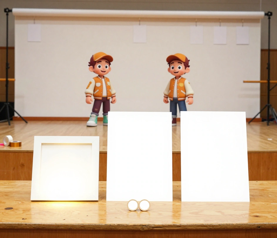 A hand selecting one of three format cards showing square, portrait, and full-screen ratio frames on a bright desk