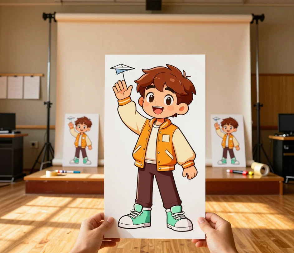 Two hands holding up a finished bold-outline cartoon character print beside a phone showing it as a live profile picture