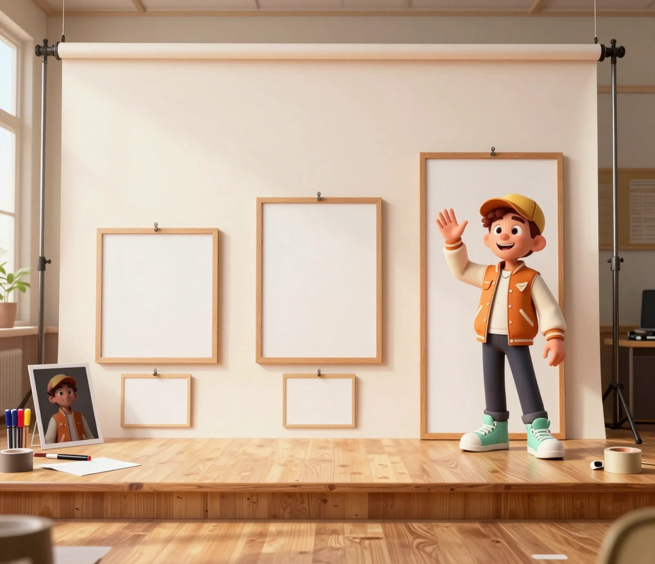 A three-zone creator desk with a hand uploading a selfie, ratio cards and a finished framed cartoon character in bright daylight