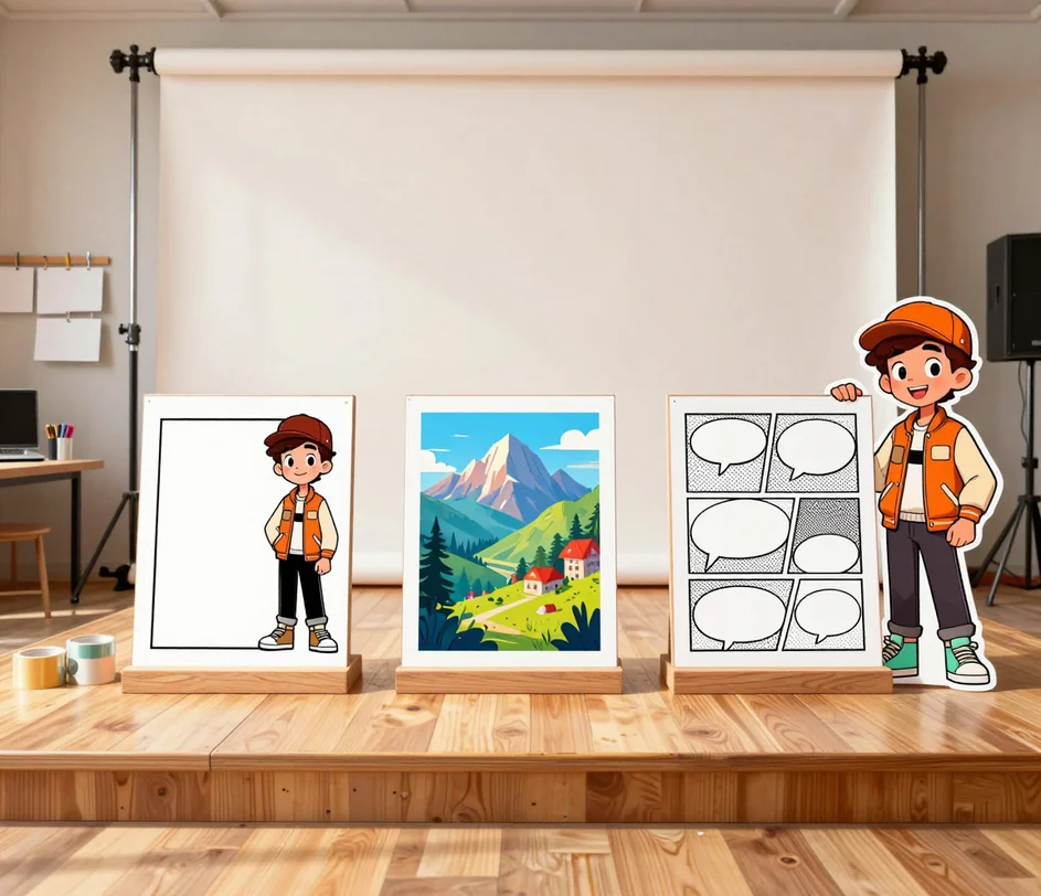 Three framed cartoon artworks on easels — a comic panel, a cartoon portrait and a caricature — on a bright studio table