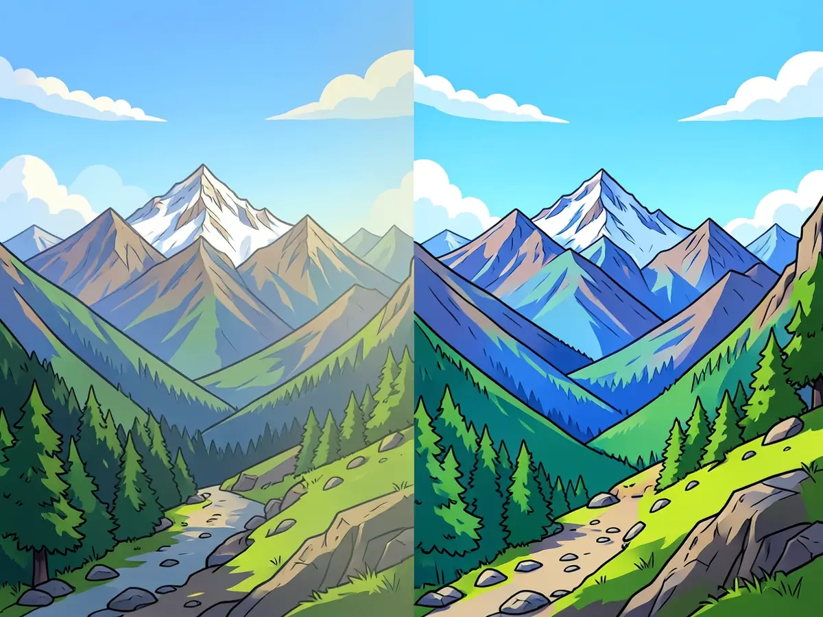 一张山景照片平滑过渡为鲜艳的卡通插画，演示 AI 驱动的照片转卡通风格迁移