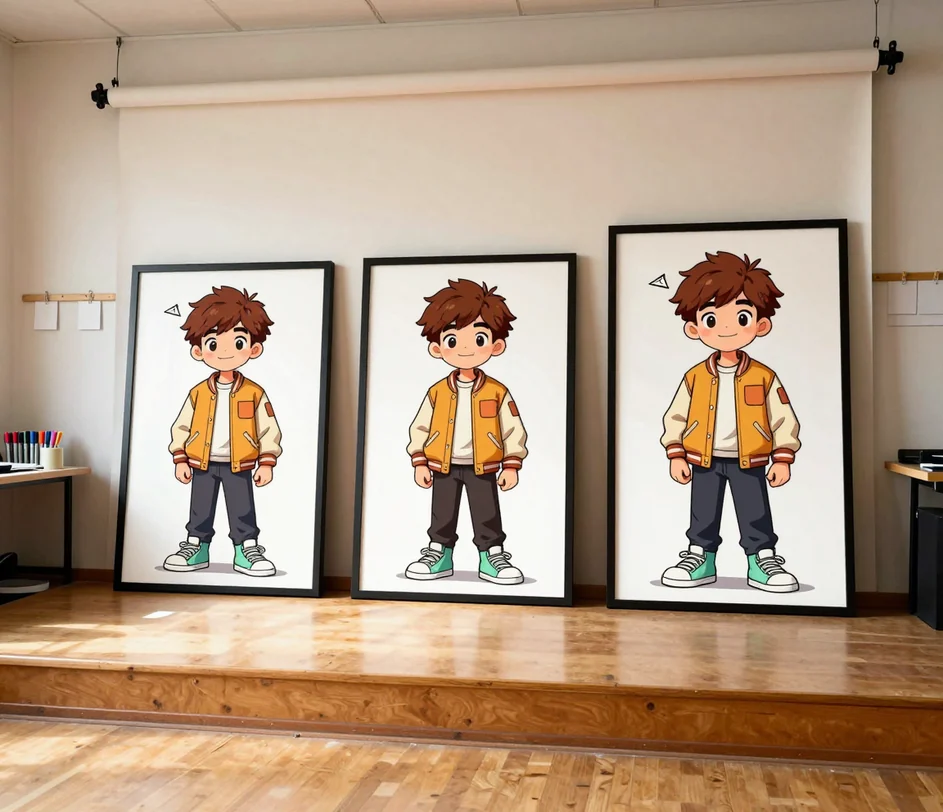 Three framed cartoon portraits of the same character on a studio shelf, showing progressively finer line and color detail from left to right