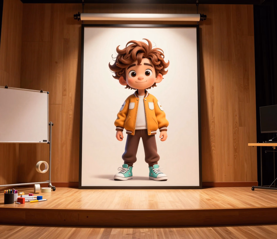 A large framed cartoon portrait of the same character under a warm spotlight, with crisp line work, hair strands and print-grade color