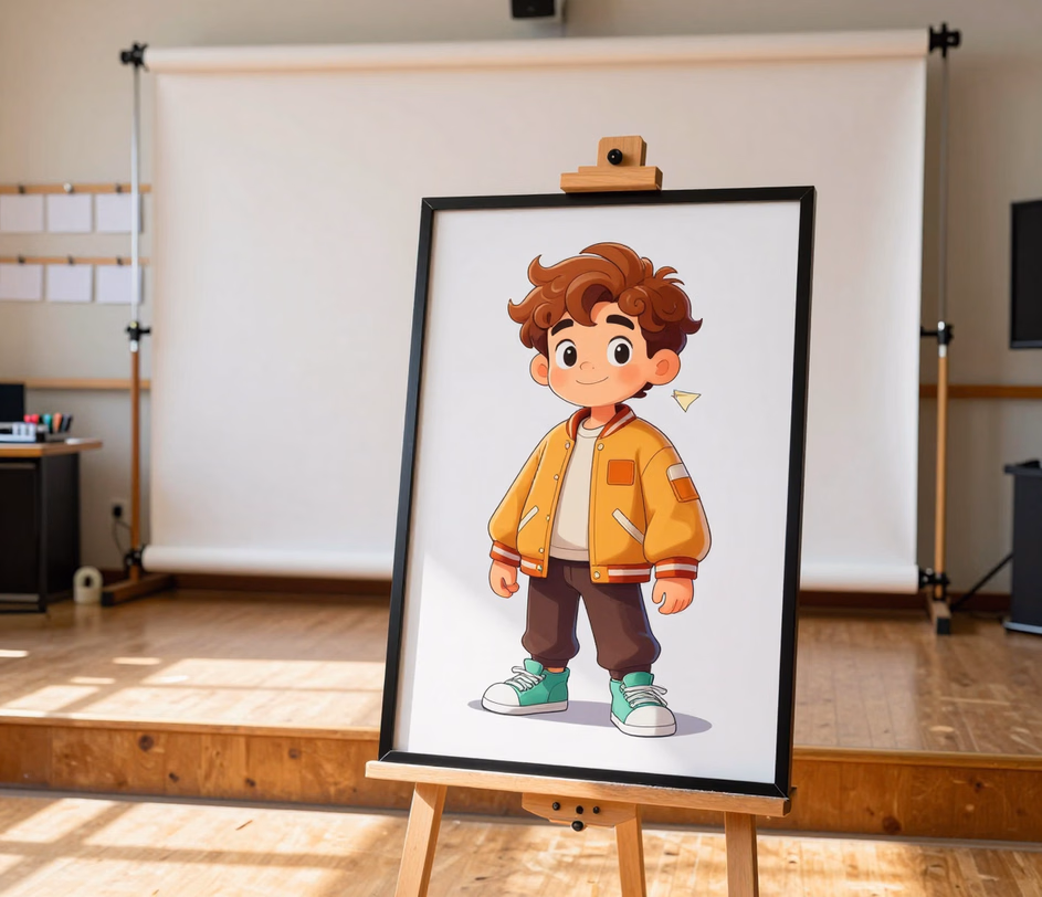 A mid-size framed cartoon portrait of the same character on a wooden stand, with clearer facial likeness and shading detail