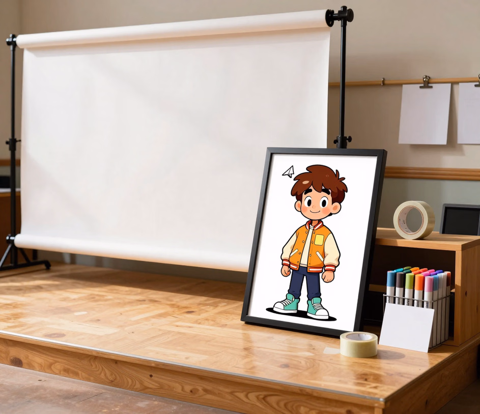 A small framed cartoon portrait with bold outlines and flat vibrant color resting on a sketchbook beside marker pens
