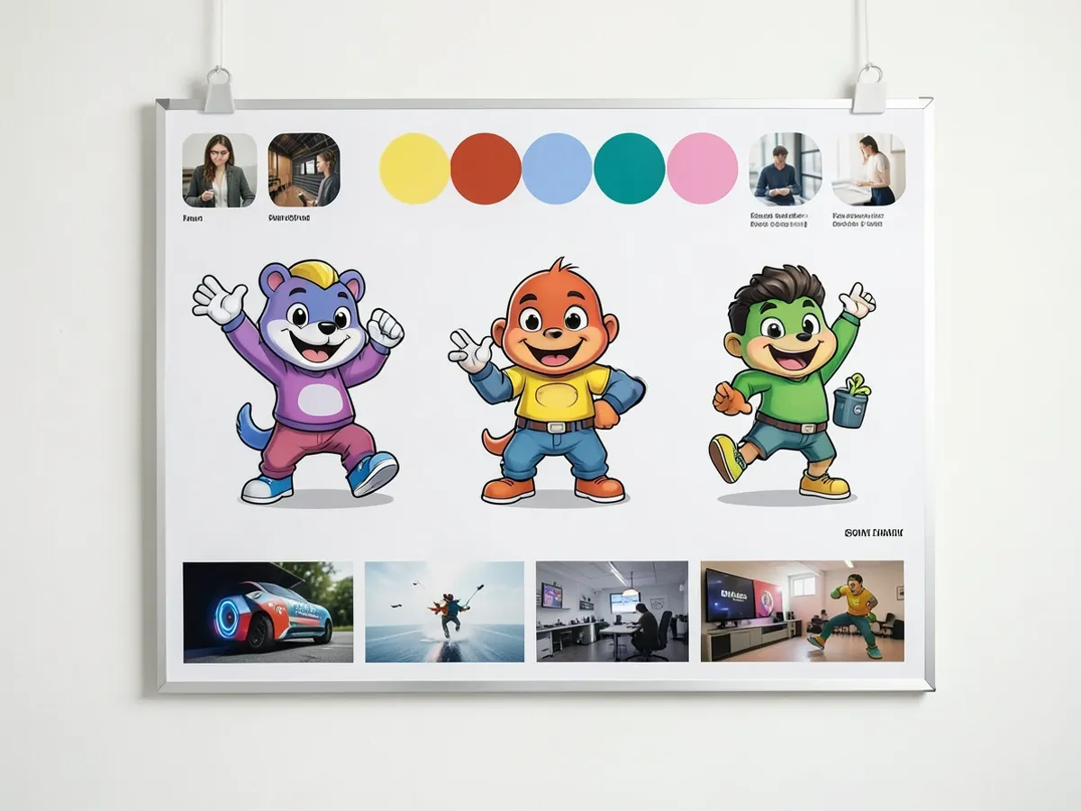 品牌 mood board 上三个吉祥物角色候选的并排展示，每个由同一组产品关键词生成，配色和姿势各异