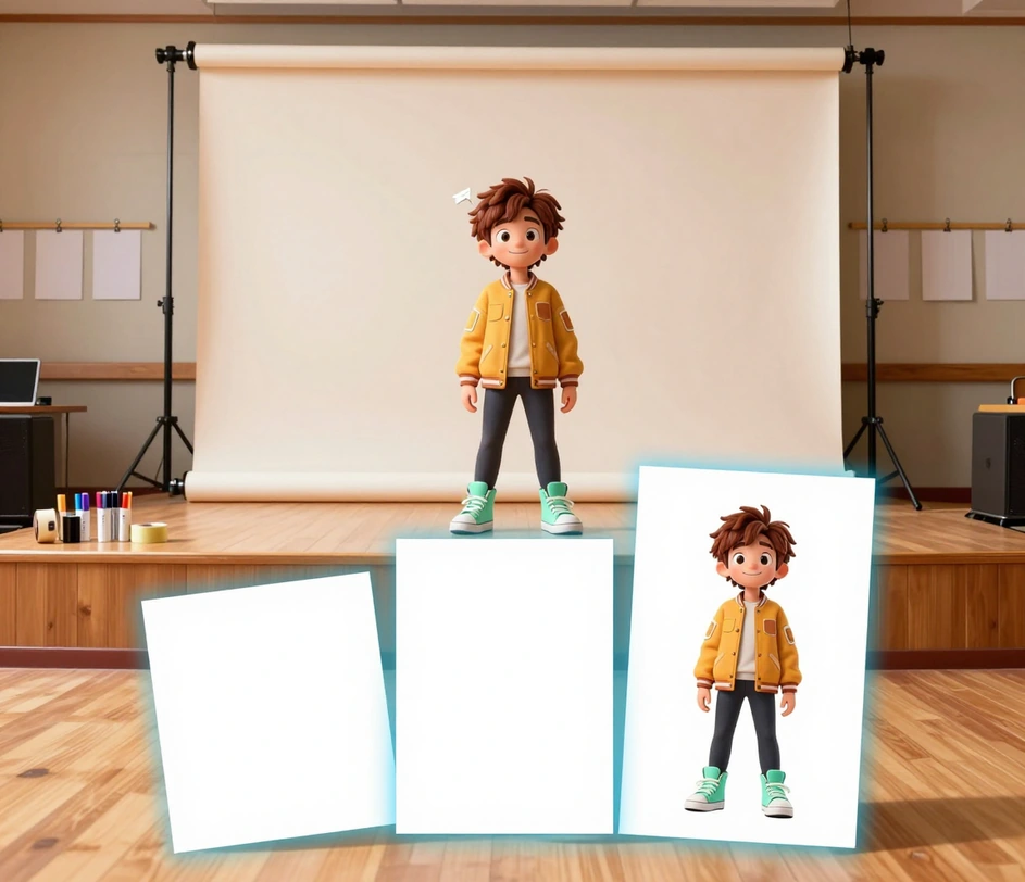 A phone screen showing a bold-outline cartoon character as a circular profile picture, beside sticker sheets on a colorful desk