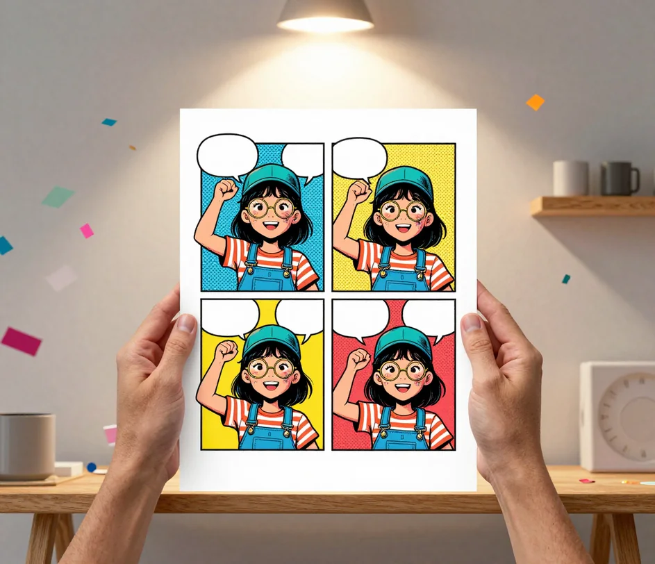 Hotový čtyřsnímkový komiks připíchnutý nad stolem tvůrce s referenčními fotkami, inkoustovými per a telefonem připraveným k publikaci