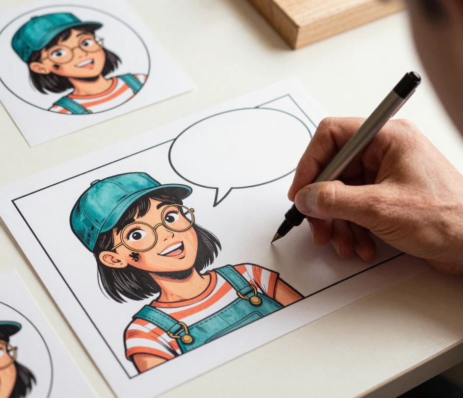 Ruka inkoustem kreslí bublinu na snímek komiksu, kde je dialog už vysázen čistým čitelným fontem