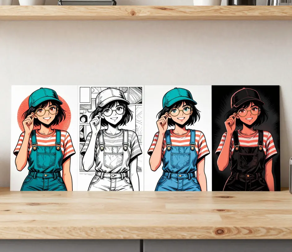 Stejná komiksová postava zobrazená na čtyř kartách stylů — americký inkoust, rastr mangy, barva webtoonu a stín noir