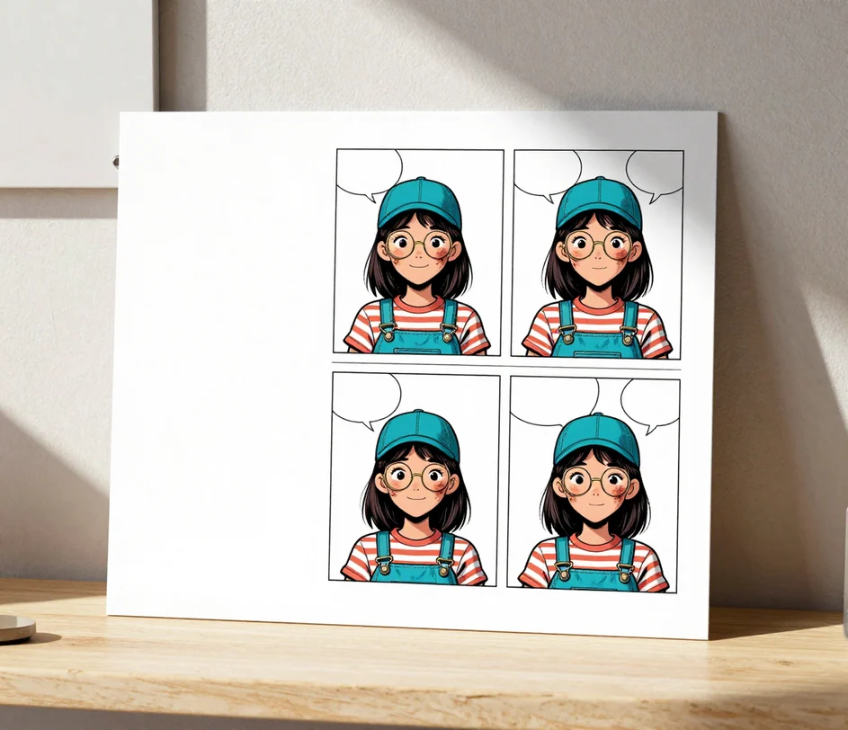 Karta s referenční fotkou vedle šestisnímkového pásu, kde tatáž postava v mikině drží totožné rysy v každém snímku