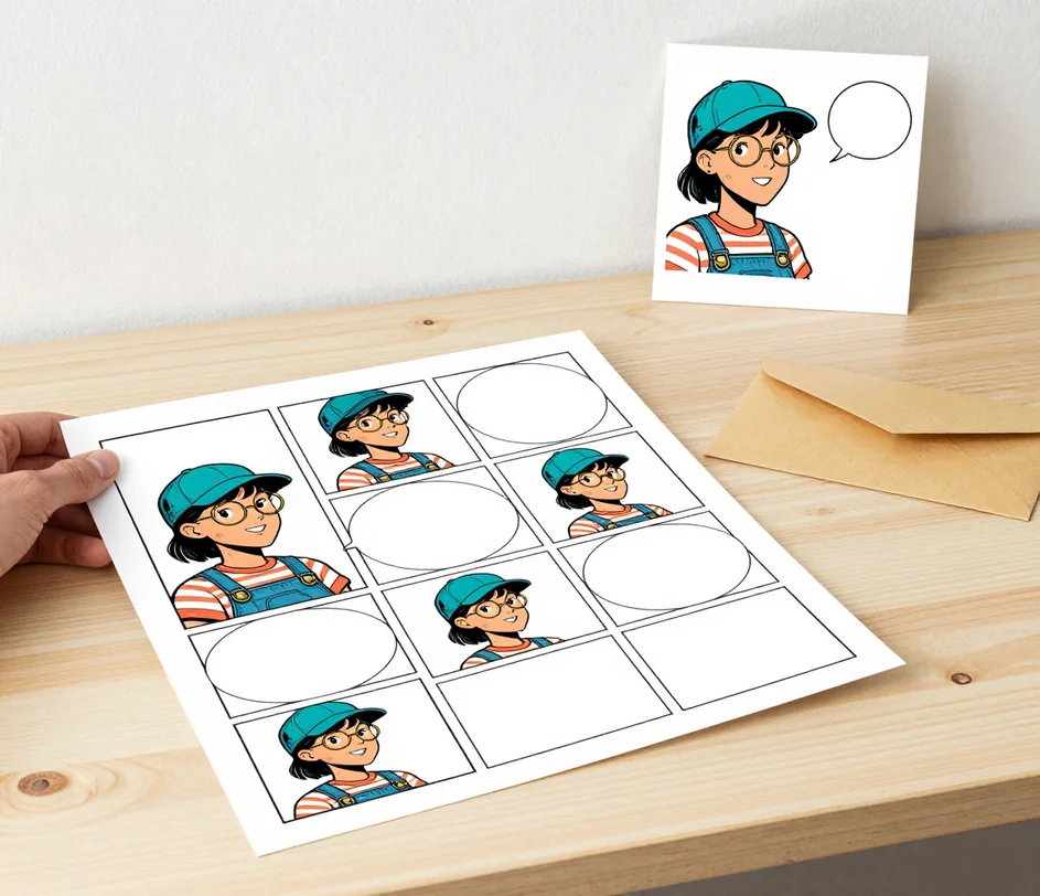 Hotový komiks se exportuje na notebooku v šířce 3072 pixelů, vedle tištěný zin a telefon s webovou verzí