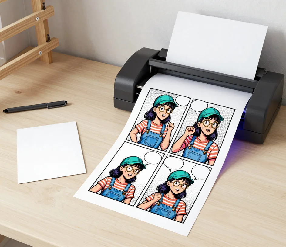 Světlý stůl tvůrce, kde karta s fotkou postavy napájí tablet vykreslující čtyřsnímkový komiks s bublinami ve výrazném inkoustovém stylu