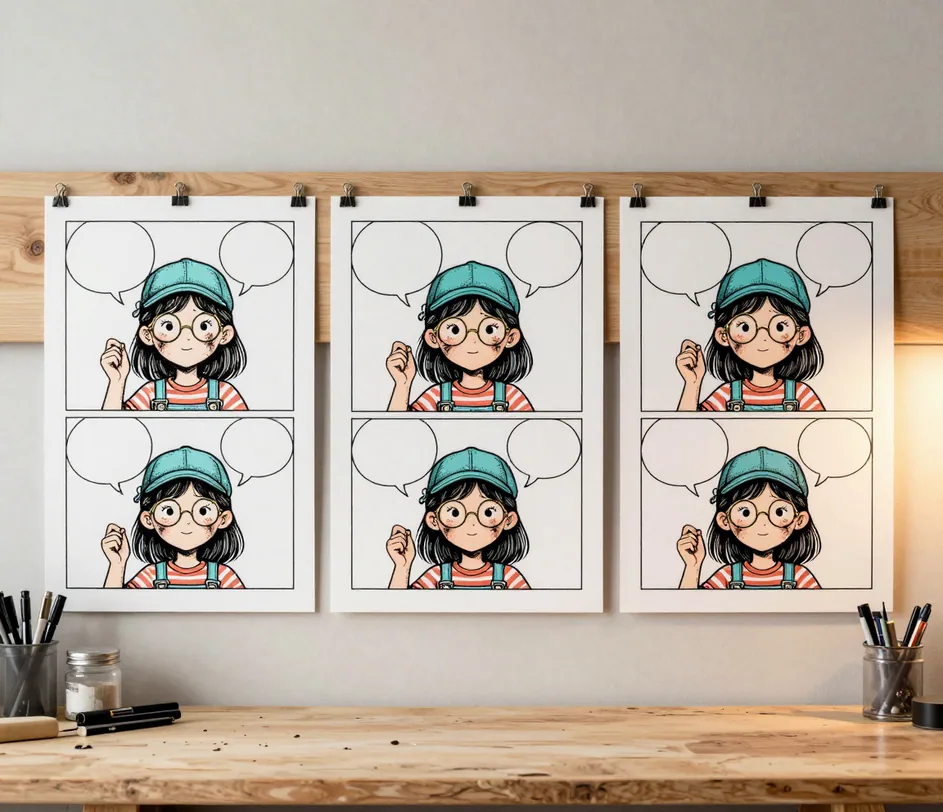 Tři hotové komiksové pásy připíchnuté na stěně studia, inkoust a detaily bublin stále jemnější zleva doprava
