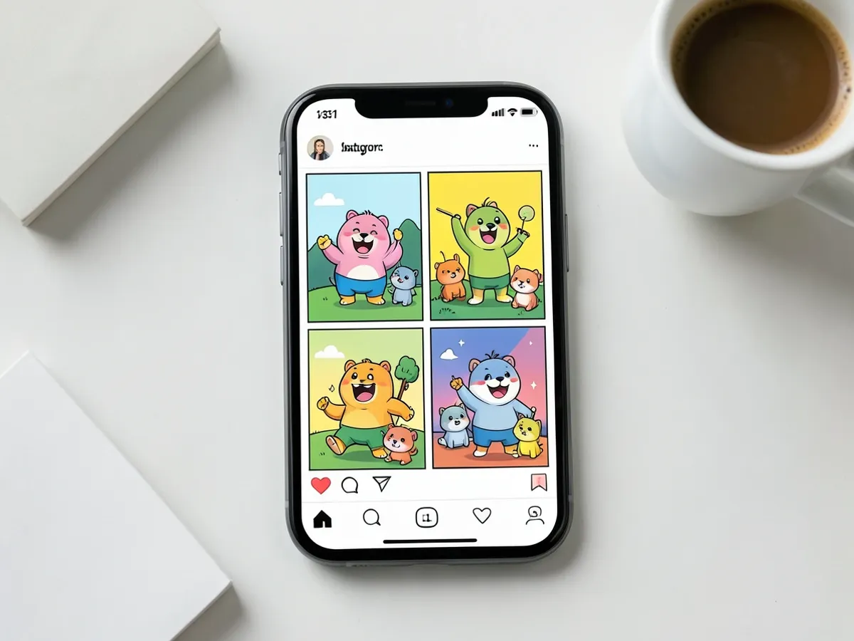 Bränditud neljapaneeliline koomiksiriba, mis on vormindatud Instagrami karusselli jaoks eraldusvõimega 1080 × 1080 px paneeli kohta, millel on igas stseenis järjepidevad maskotitegelased