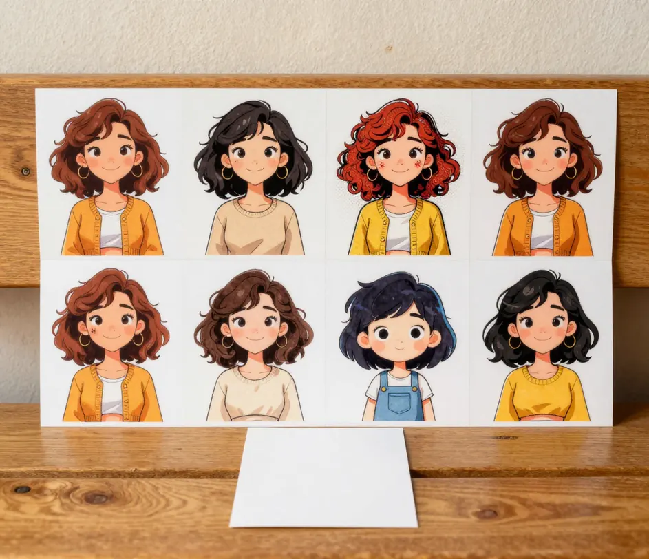 A mesma selfie re-renderizada em seis cartões de estilo — Disney 3D, traço anime, tinta de quadrinhos, aquarela, chibi e cartoon clássico