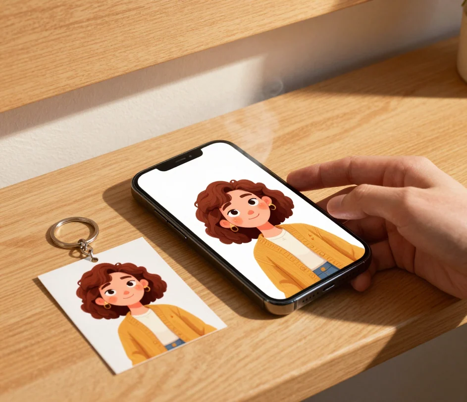 Uma mão pegando um celular que já exibe um avatar cartoon concluído, com um pingente de avatar correspondente pronto ao lado, transmitindo a conclusão em menos de dez segundos