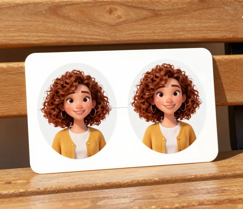 Uma selfie com pontos de ancoragem facial sobrepostos ao lado de sua renderização cartoon, mostrando a expressão e os traços distintivos preservados