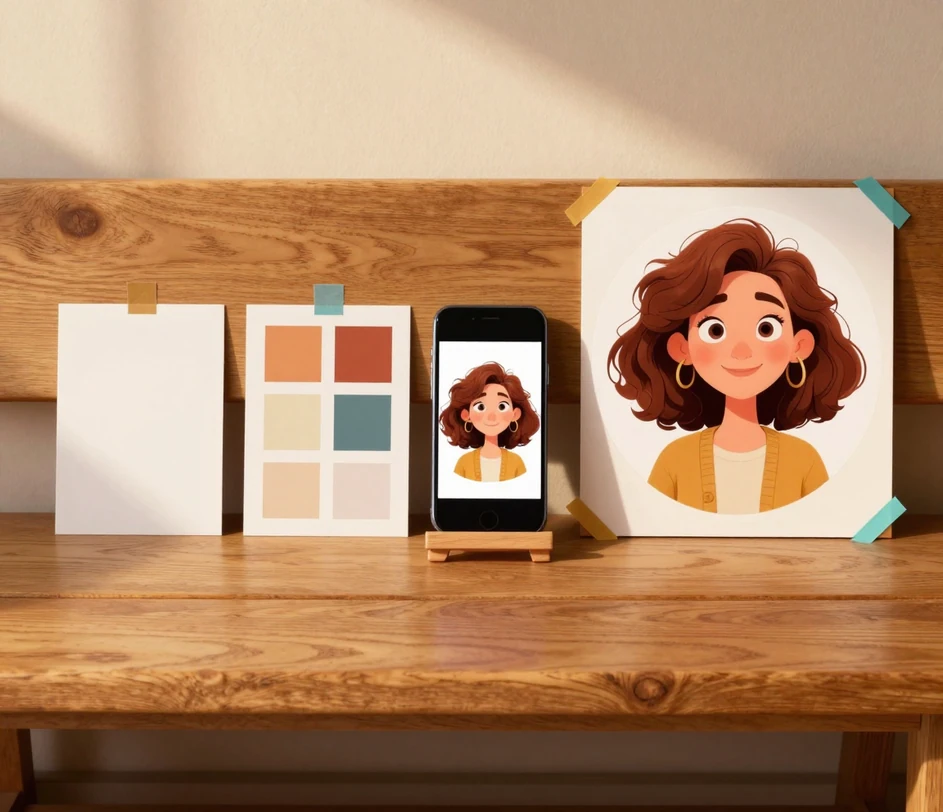 Uma mesa iluminada com a impressão da selfie, seis cartões de estilo cartoon lequeados e um tablet mostrando um retrato cartoon concluído