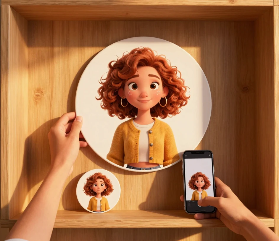 Duas mãos segurando uma impressão de retrato cartoon concluída ao lado de um celular mostrando o mesmo avatar pronto para publicar
