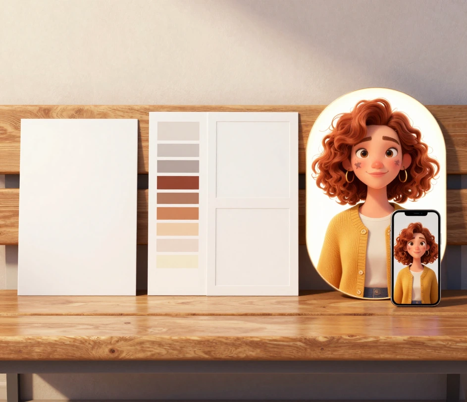 Uma mesa em três zonas com um cartão de foto selfie, seis amostras de estilo cartoon e um retrato cartoon concluído emoldurado sob luz brilhante
