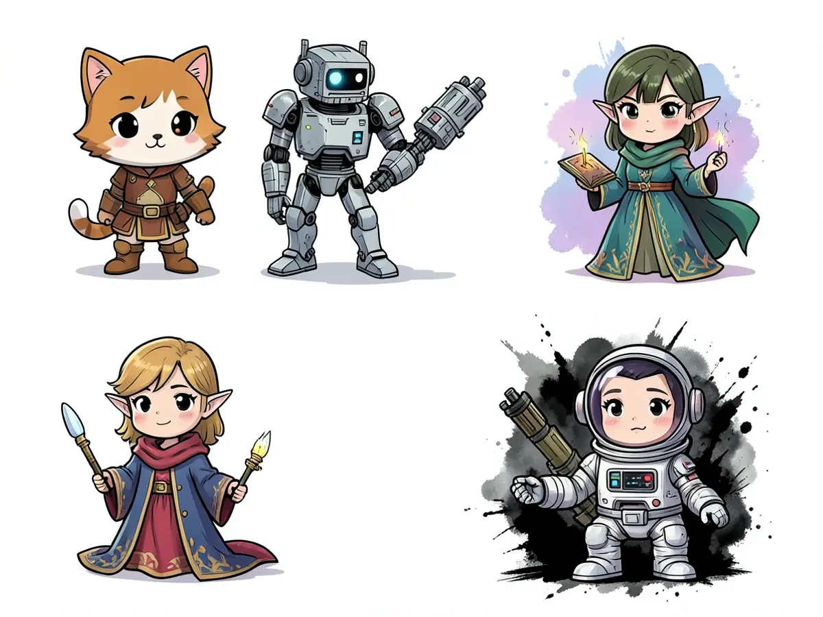 四个风格各异的 AI 卡通角色网格——Q版、科幻、奇幻和复古——展示 AI 角色生成的多样性