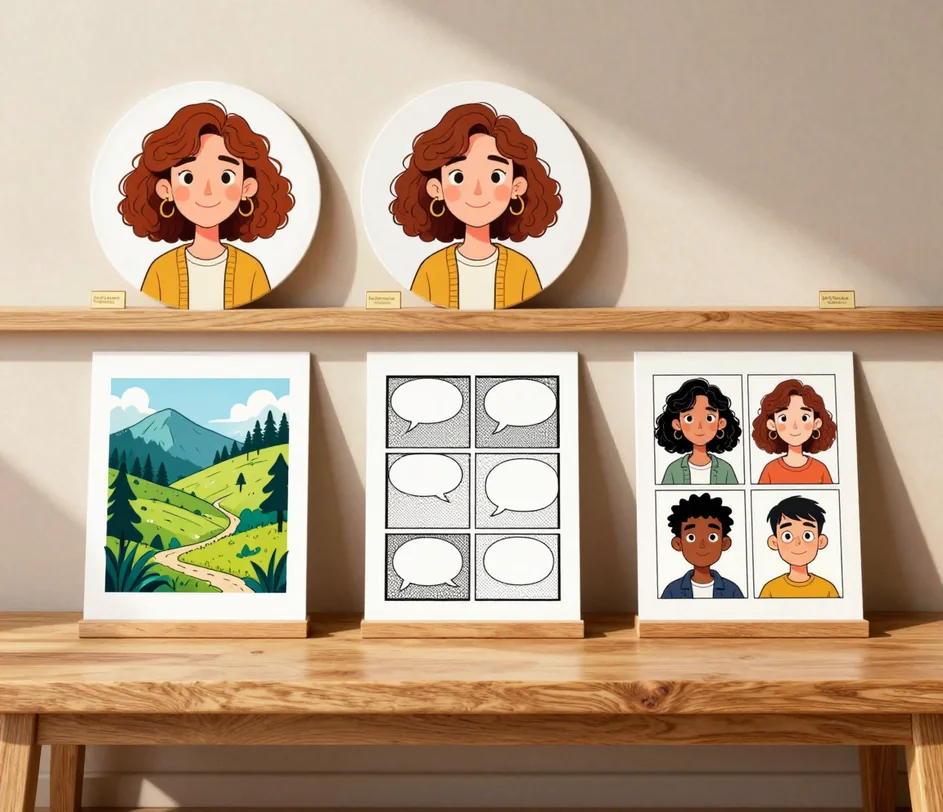 Três obras de arte cartoon emolduradas numa mesa de estúdio iluminada — um retrato cartoon, uma paisagem em estilo quadrinhos e uma fileira de personagens cartoon