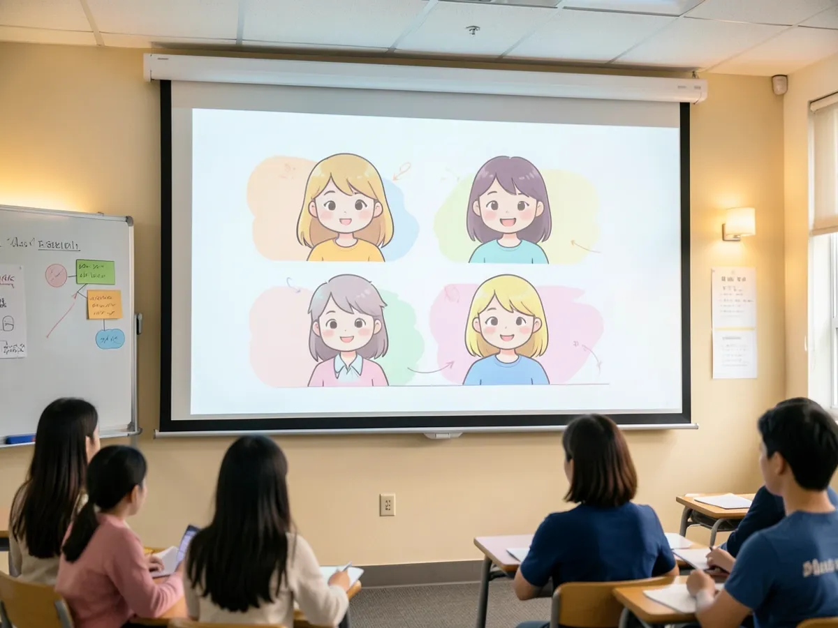 柔和色调的卡通学生肖像排列在演示幻灯片上（1080×1080 像素），柔和晕染效果保留了可辨识的面部表情