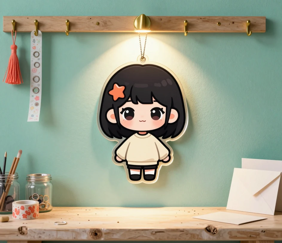 Den færdige akryl-chibi-charm oplyst på en dyb mintvæg, varm gylden glød og støvkorn omkring den