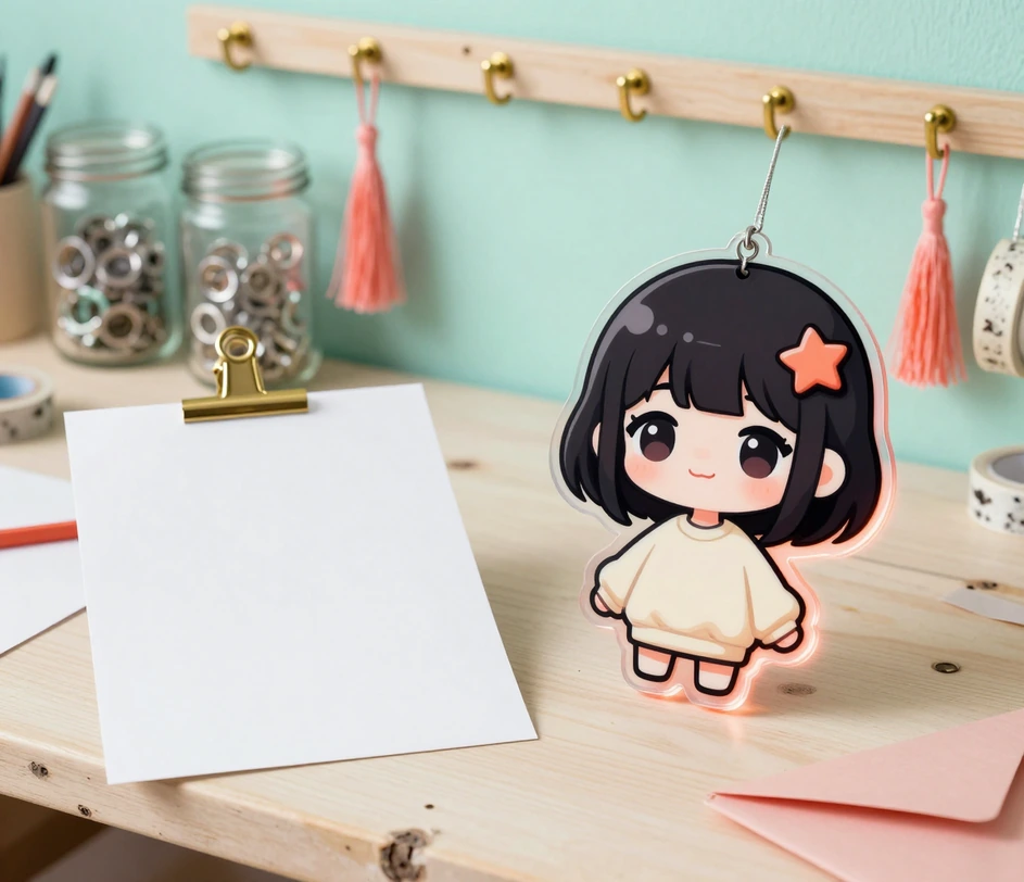 Ein blanker Druck in einer Messingklammer neben einem leuchtenden Acryl-Chibi-Anhänger, der den Moment markiert, in dem aus einem Foto ein Chibi-Anhänger wird
