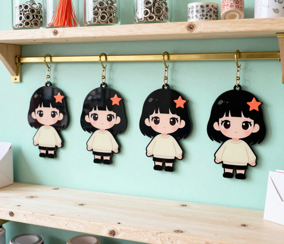 Vier Acryl-Anhänger desselben Chibi-Mädchens in abnehmenden Größen, der kleinste zeigt noch deutlich große Augen und die korallfarbene Sternklammer
