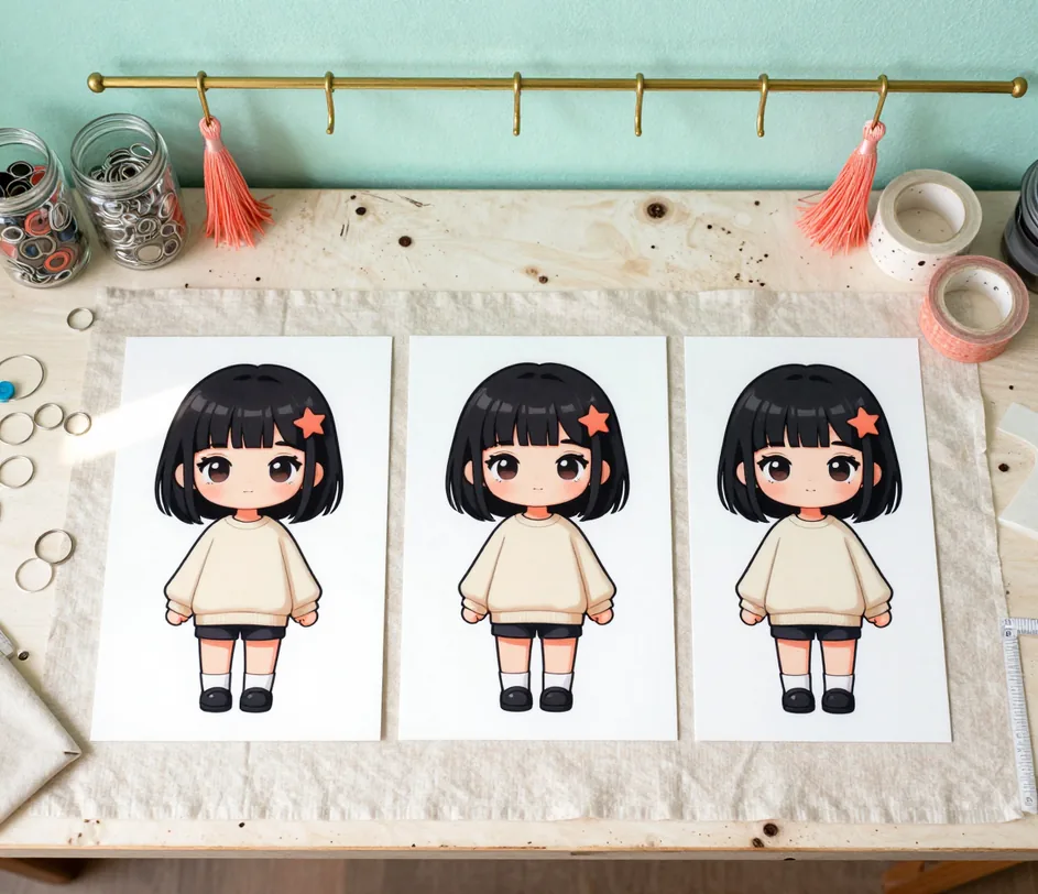 Drei gedruckte Chibi-Stücke im quadratischen, hochformatigen und hohen vertikalen Rahmen auf Leinen, derselbe Charakter mit identischer Rahmung in jedem