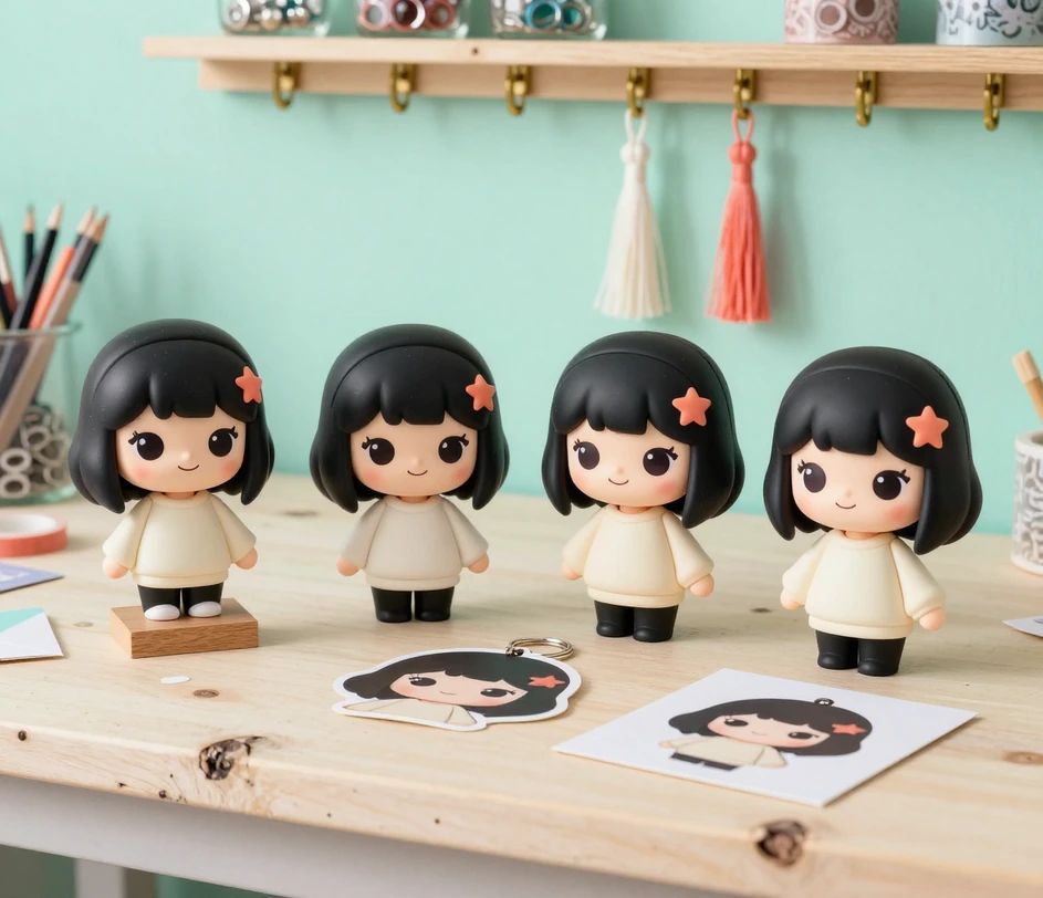 Vier Chibi-Varianten auf einer Werkbank: Figuren im Vinyl-Stil, ein Die-Cut-Sticker und eine gedruckte Karte desselben Mädchens mit schwarzem Bob