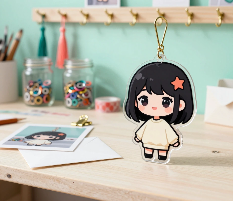 En blank akryl-chibi-charm, der hænger i et solbeskinnet charm-studie ved siden af trykt chibi-kunst, med glas med splitringe og koralfarvet washi-tape på en lys birkebænk