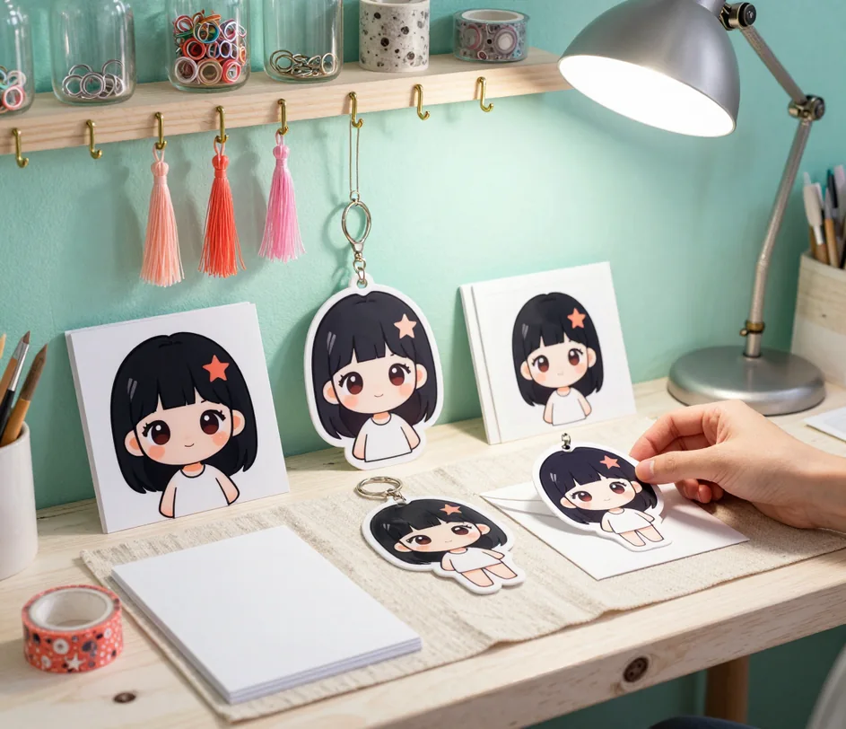 Eine Hand wählt zwischen fertigen Chibi-Stücken auf einer Werkbank unter einer Studiolampe, daneben ein leeres Notizbuch