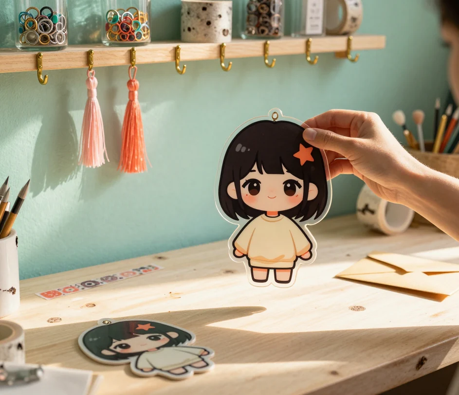 Zwei Hände halten einen fertigen Acryl-Chibi-Anhänger ins warme Fensterlicht, seine Die-Cut-Kante leuchtet