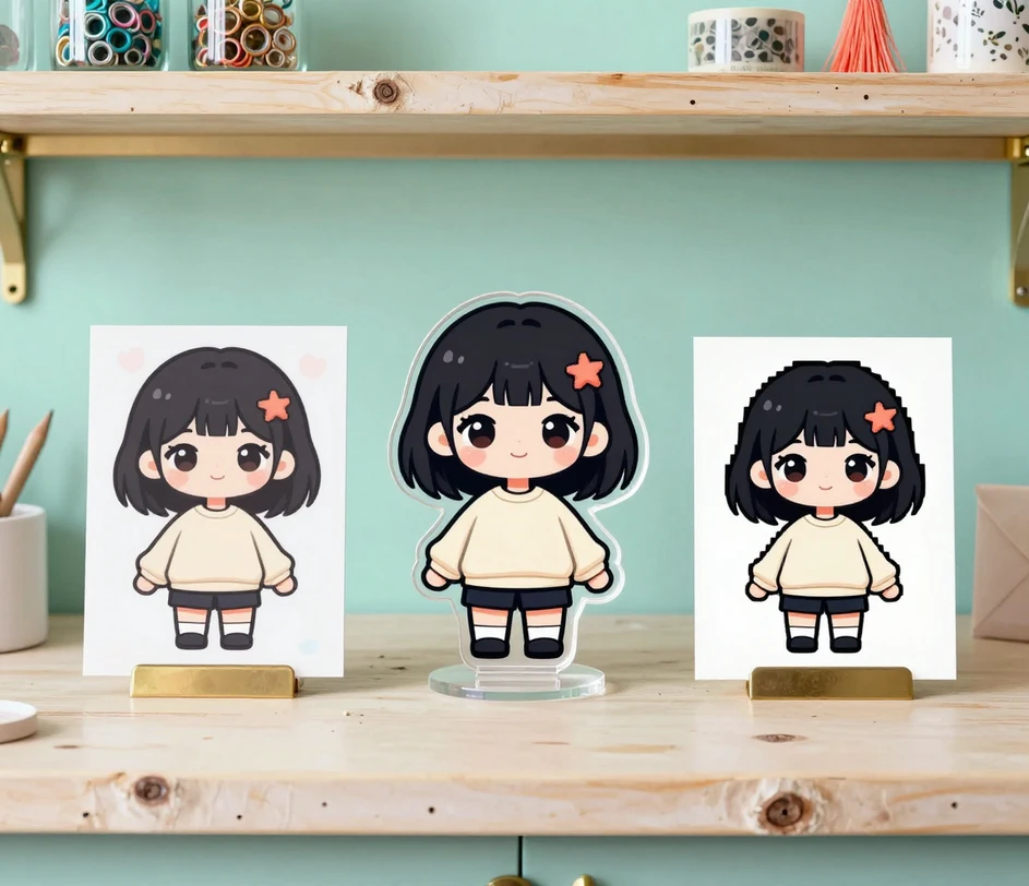 Drei Chibi-Kunstvarianten auf Ausstellungsständern: eine weiche Pastell-Kawaii-Karte, ein Anime-Acryl-Anhänger mit Cel-Shading und eine Pixel-Art-Karte